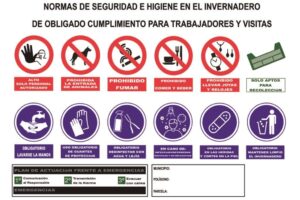 Cartel Multiseñal | Normas De Seguridad E Higiene Para Invernaderos | Medida 1000 X 700 Mm