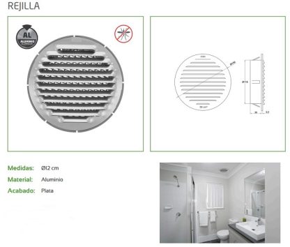 REJILLA VENTILACION ALUMINIO Ø12 CM PLATA